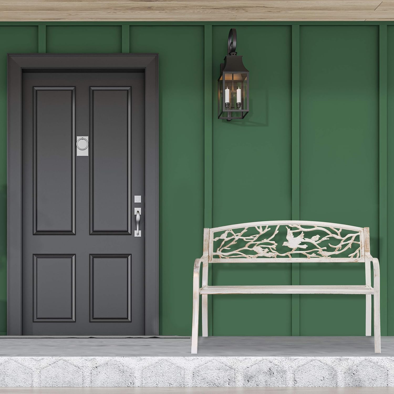 Relaxdays Gartenbank, Vögel Muster, 2-Sitzer, Vintage, Garten & Balkon, Stahl, Sitzbank, HBT: 87x127x57 cm, weiß/bronze