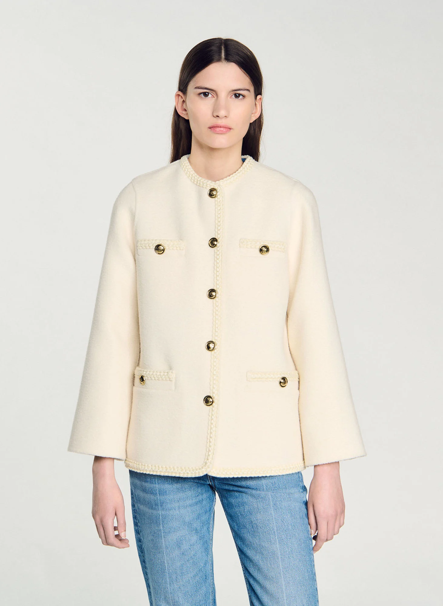 Manteau col ron rond en laine mélangée | Blanc