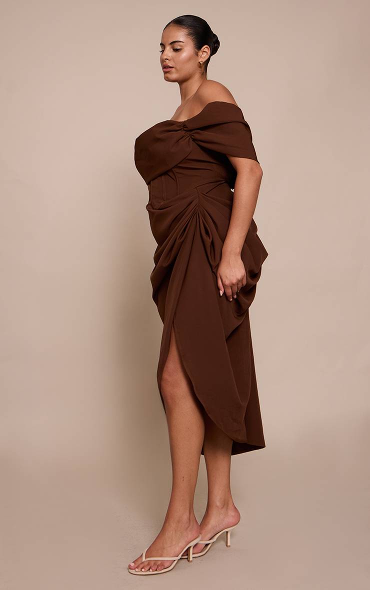 Chocolat Robe Midi Drapée Grande Taille À Corset Bardot