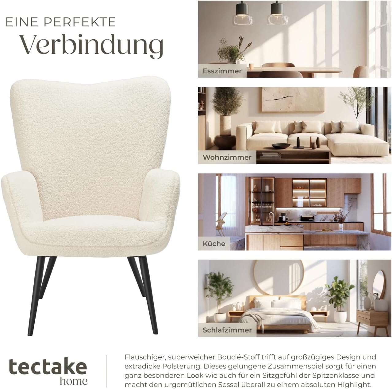 tectake® Skandinavischer Stil Ohrensessel, Teddy Sessel Hygge, Bouclé Sessel Wohnzimmer, Schlafzimmer, Statement Piece Loungesessel, belastbar bis 150 kg