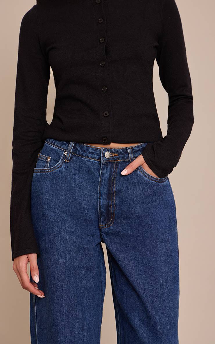 Bleu Indigo Jean Large Bleu Moyen Décontracté Taille Mi-haute Avec Détails De Coutures