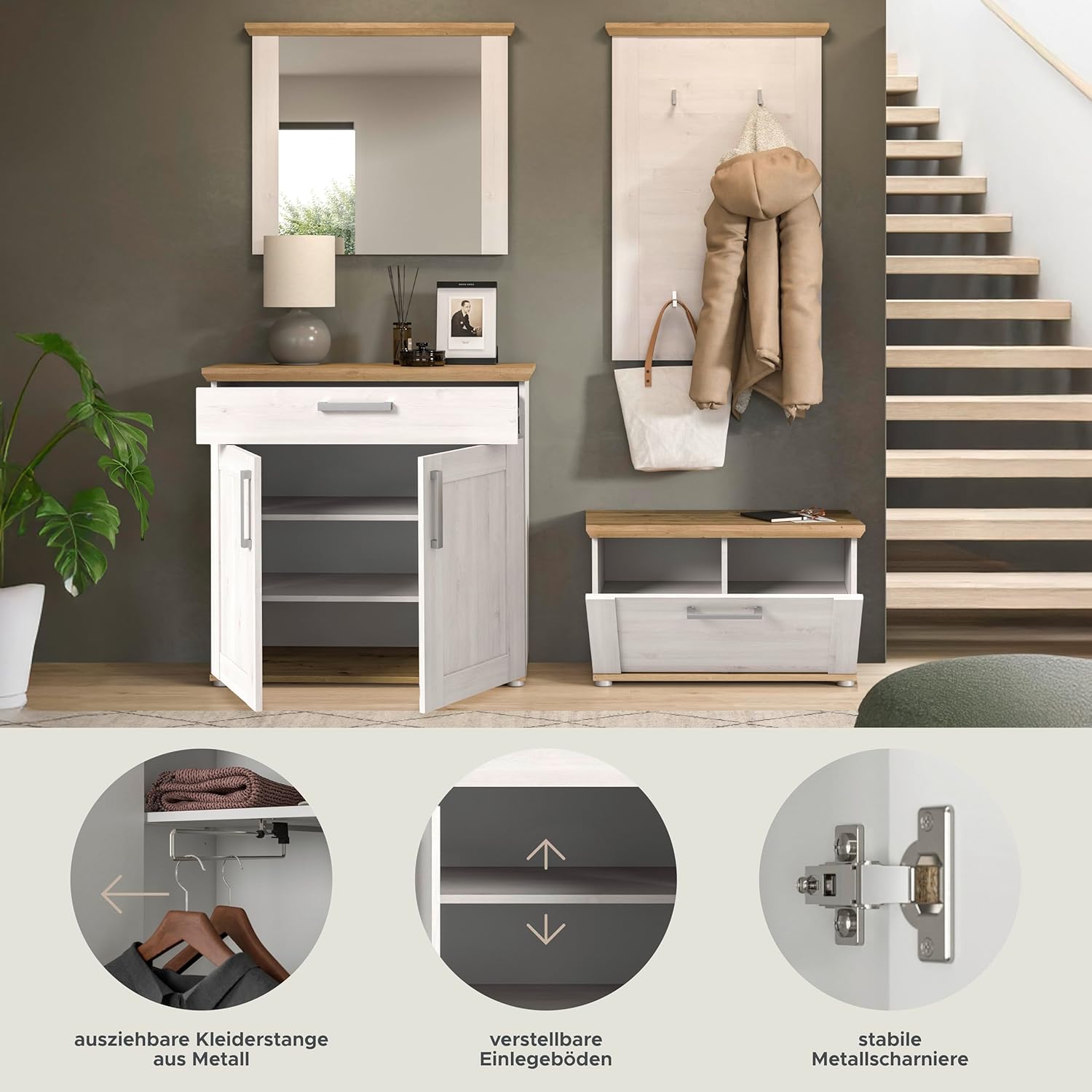 xonox.home Garderobe Verona 4tlg. Set Garderobenkombination Garderobenschrank Garderobenmöbel Flurmöbel-Set Flursystem Stauraumlösung in Sibiu Lärche Nb. Absetzung Artisan Eiche Nb.