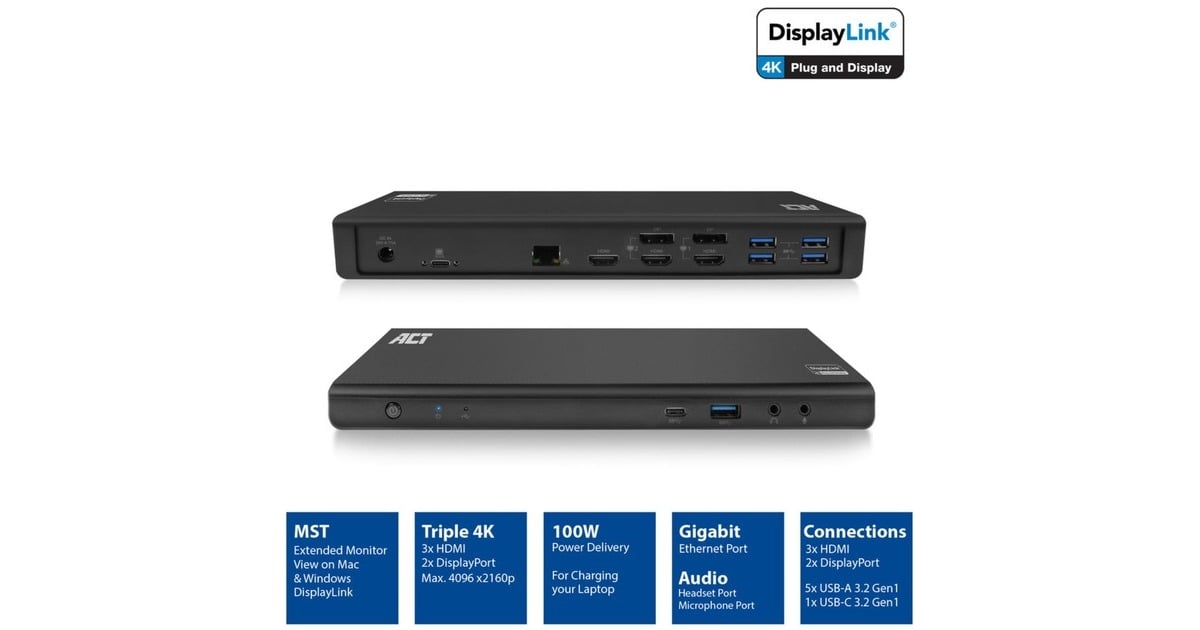 ACT ConnectivityUSB-C Triple 4K Docking Station  (DisplayPort, HDMI, RJ45, USB)