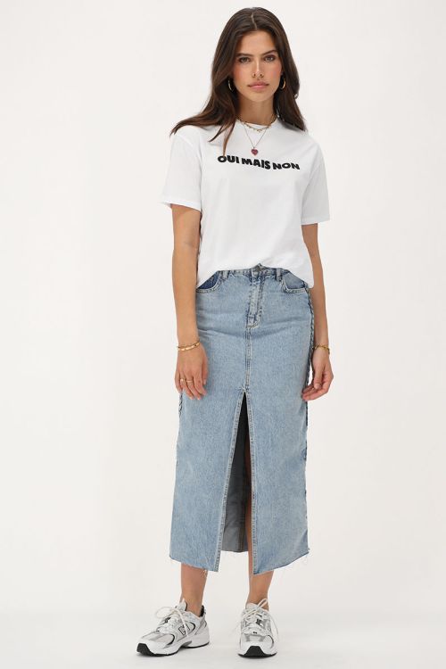 Blauwe denim midi rok met vlecht detail