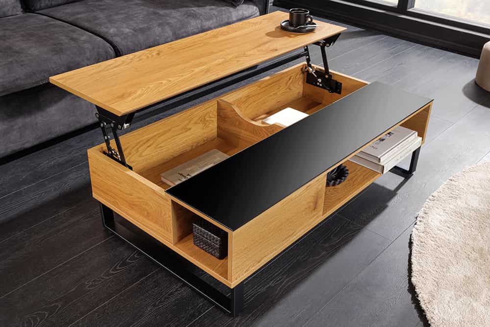 Höhenverstellbarer Couchtisch APARTMENT 110cm natur Eiche schwarz Metall Stauraum
