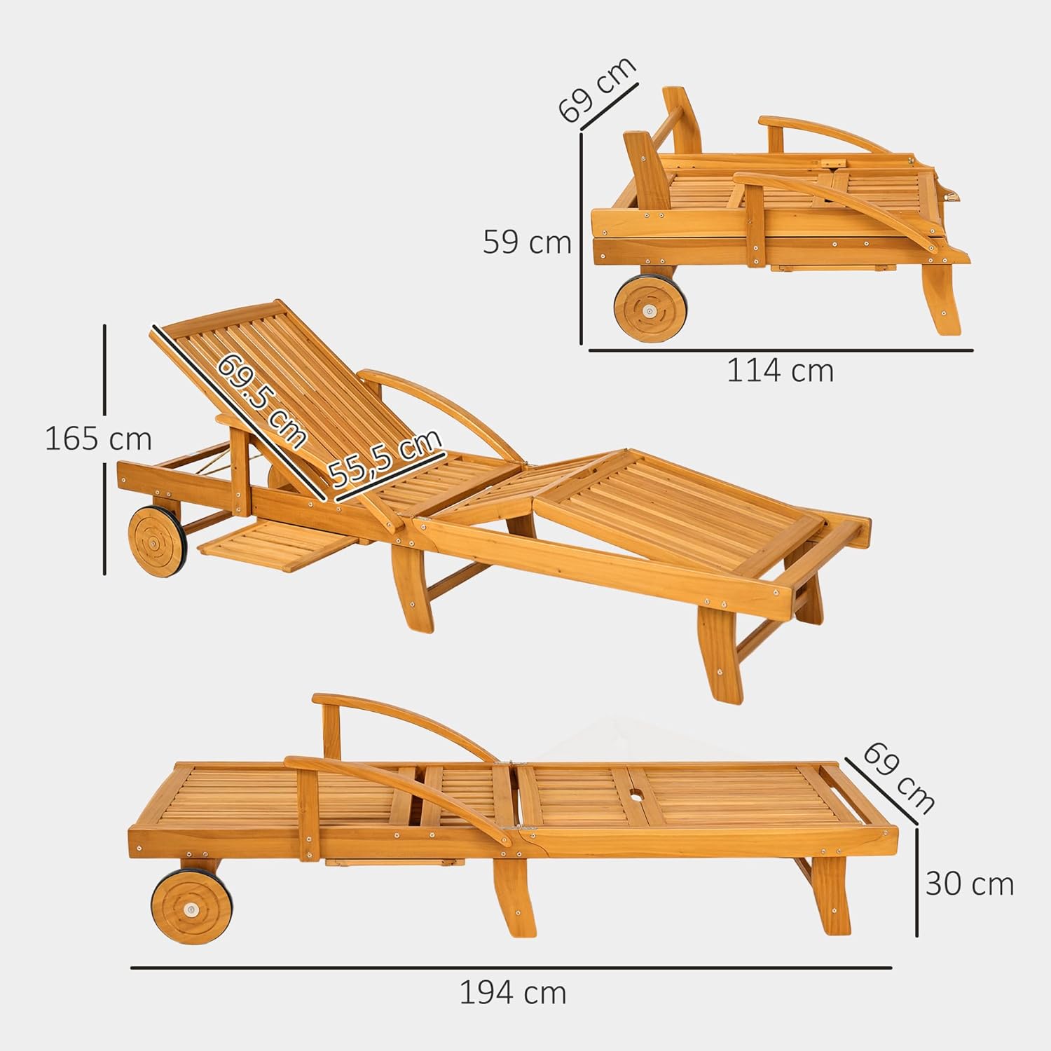 Outsunny Sonnenliege Holz klappbar Gartenliege mit Seitentisch, Rolle, Liegestuhl mit 4-Fach verstellbare Rückenlehne, Campingliege, Gartenstuhl bis 160 kg belastbar, für Garten Strand, Teak