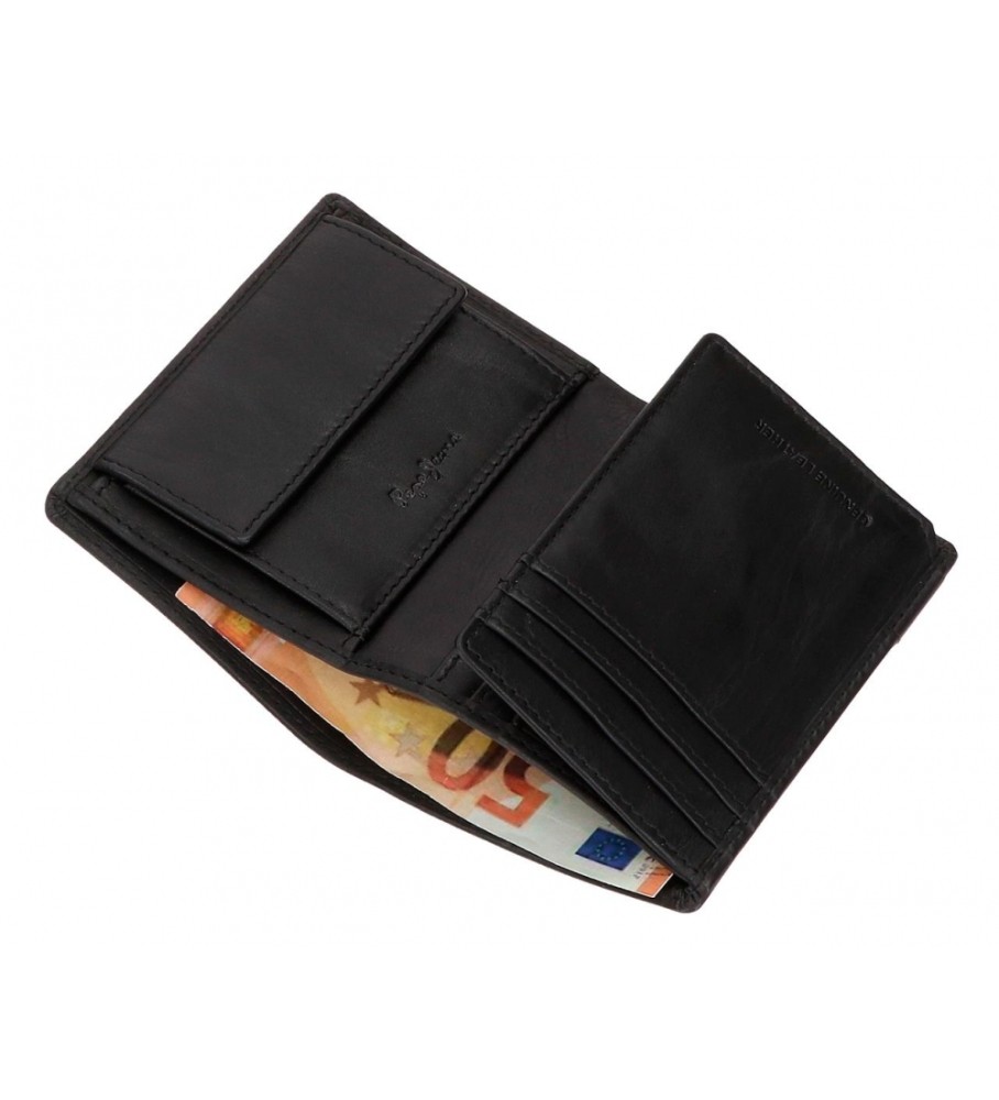 Carteira vertical Pepe Jeans Topper em couro com porta-moedas, preta.