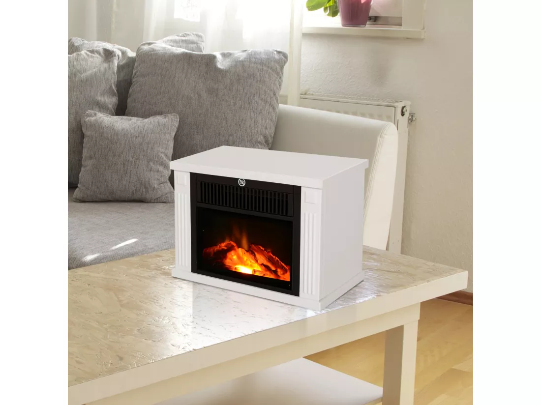 Cheminée électrique poêle style contemporain thermostat 600-1200 W blanc