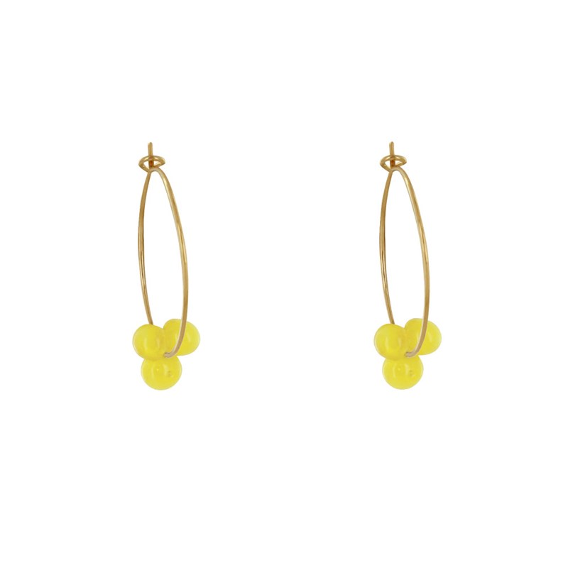 Boucles d'Oreilles Créoles Laiton Fermée et Bouquet de Perles de Verre
