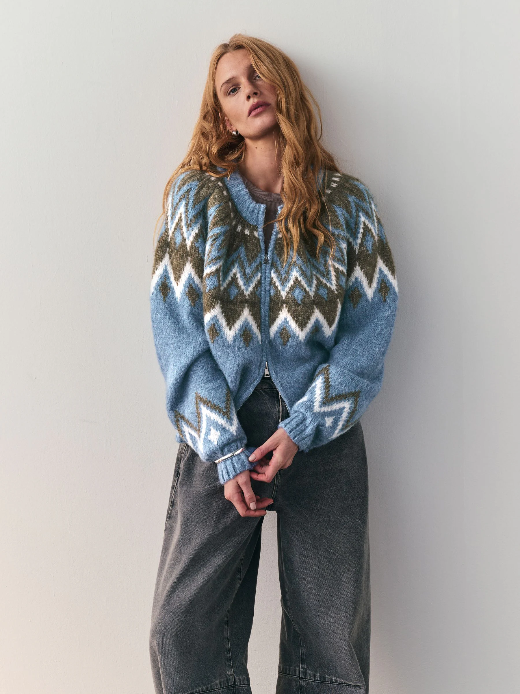 Blauw - Nothing Ordinary Check Fairisle Pattern Knit Zip Through Jumper With Wool