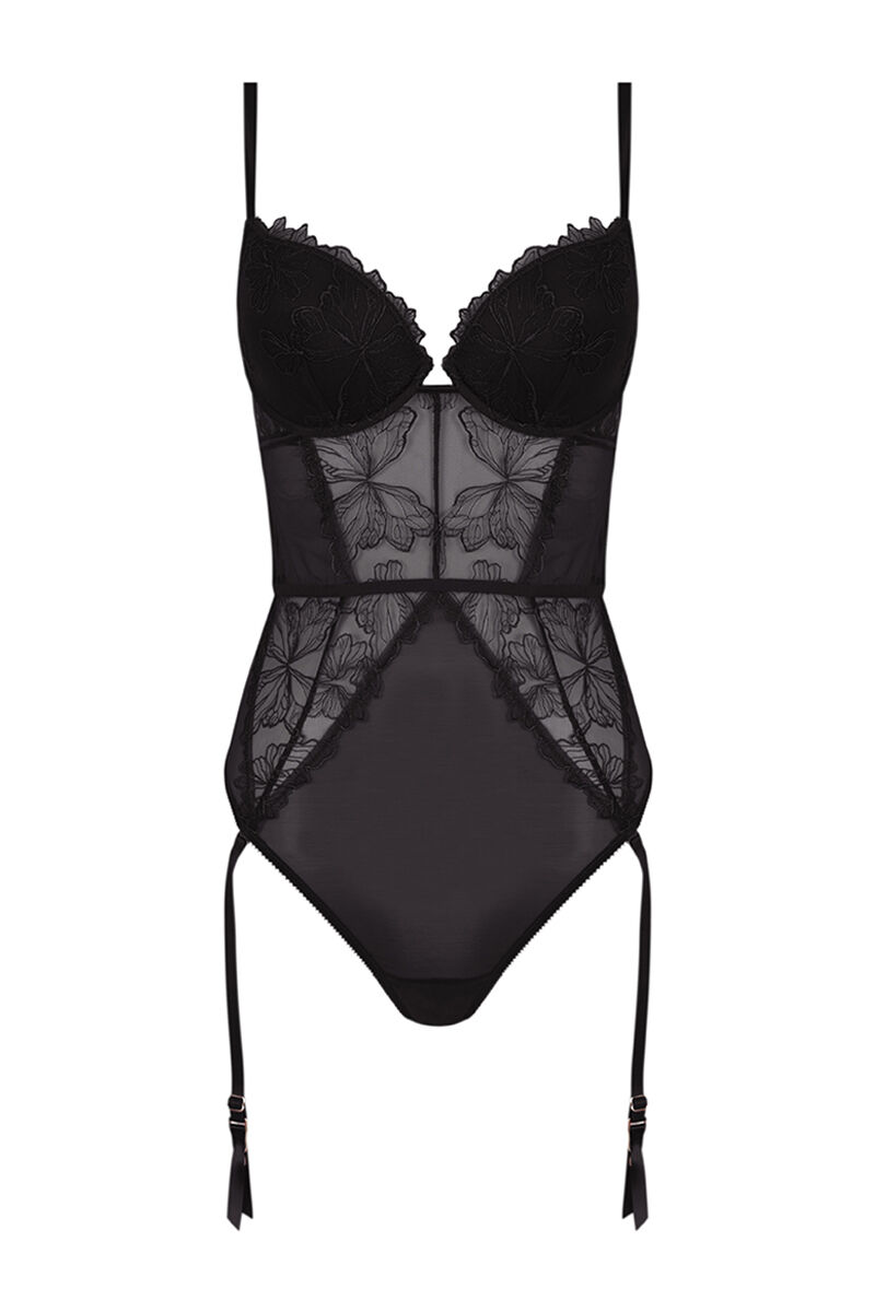 Body clássico preto de tule bordado - preto
