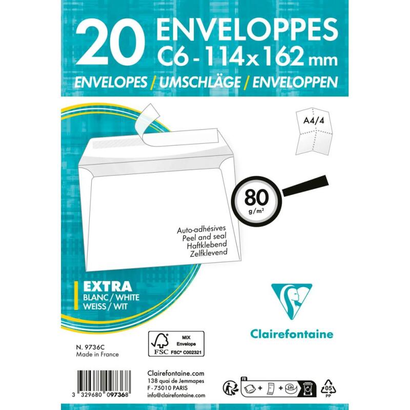 Paquet de 20 Enveloppes Blanches C6-114x162mm - Auto-Adhésives - 80g/m2 - Blanc