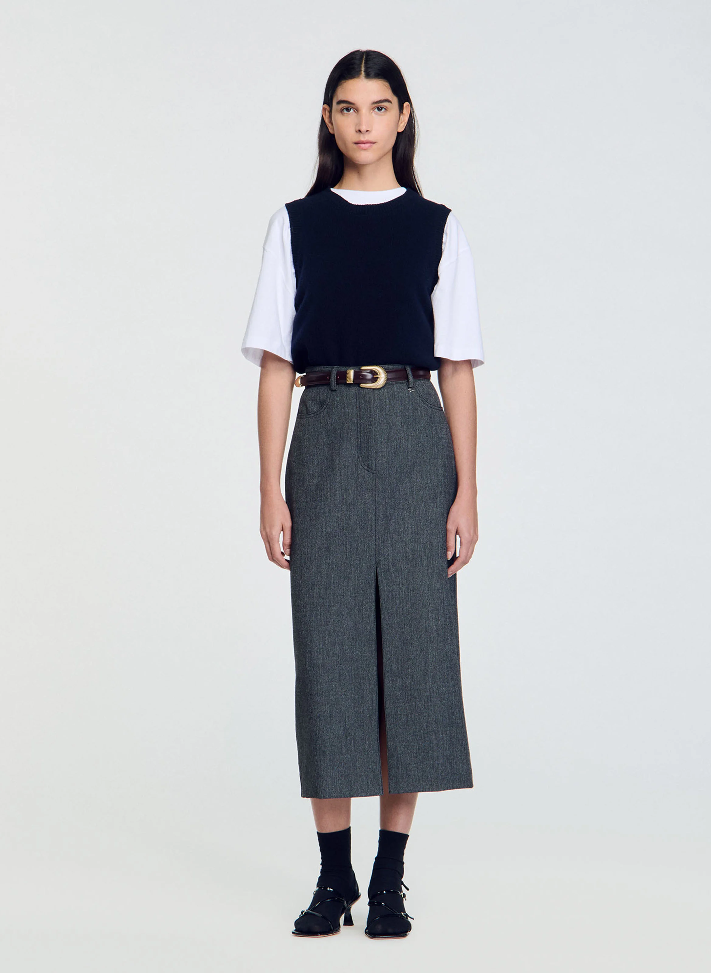 Jupe midi fendue | Gris