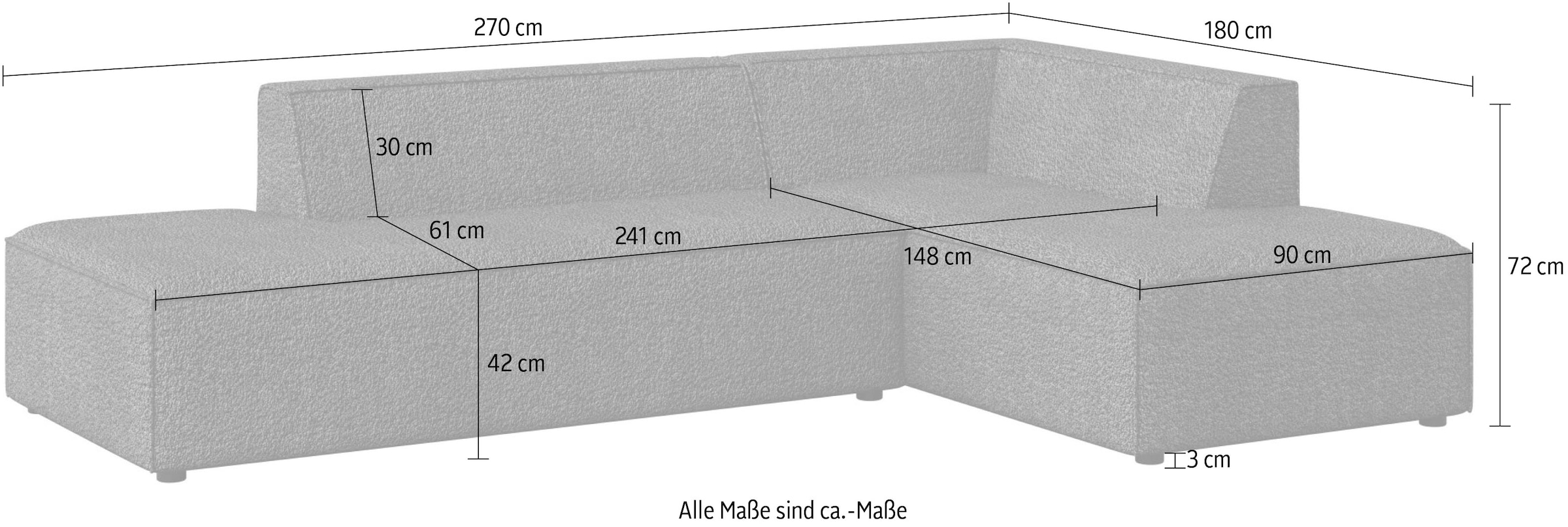 GOODproduct Ecksofa »Ecksofa Cavan mit Ottomane links oder rechts bestellbar« L-Form mit Wellenunterfederung, Masse B/T/H: 270/180/72 cm