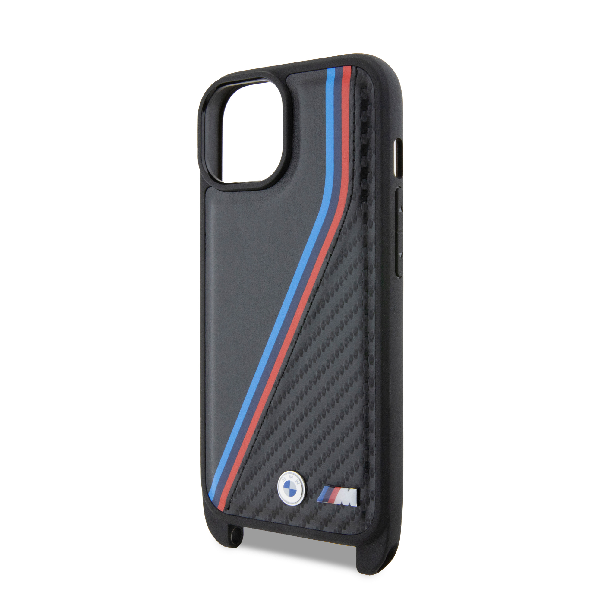 (160cm) iPhone 15 Necklace Leder Hardcase Hülle Carbon Tricolor Lines & Strap   Handykette (BMHCP15S23PSVTK) - Schwarz