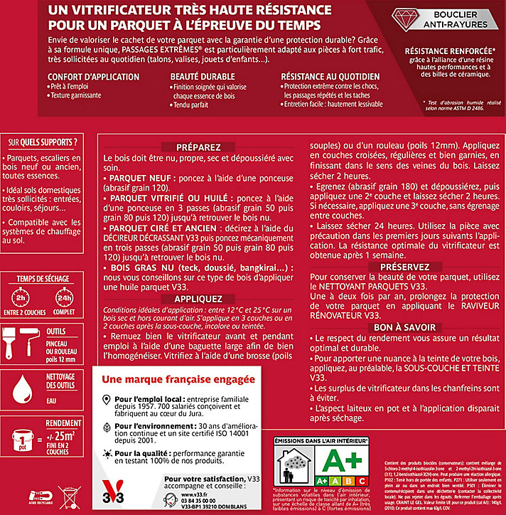 Vitrificateur parquet et plancher V33 Passages extrêmes chêne moyen satin 5L
