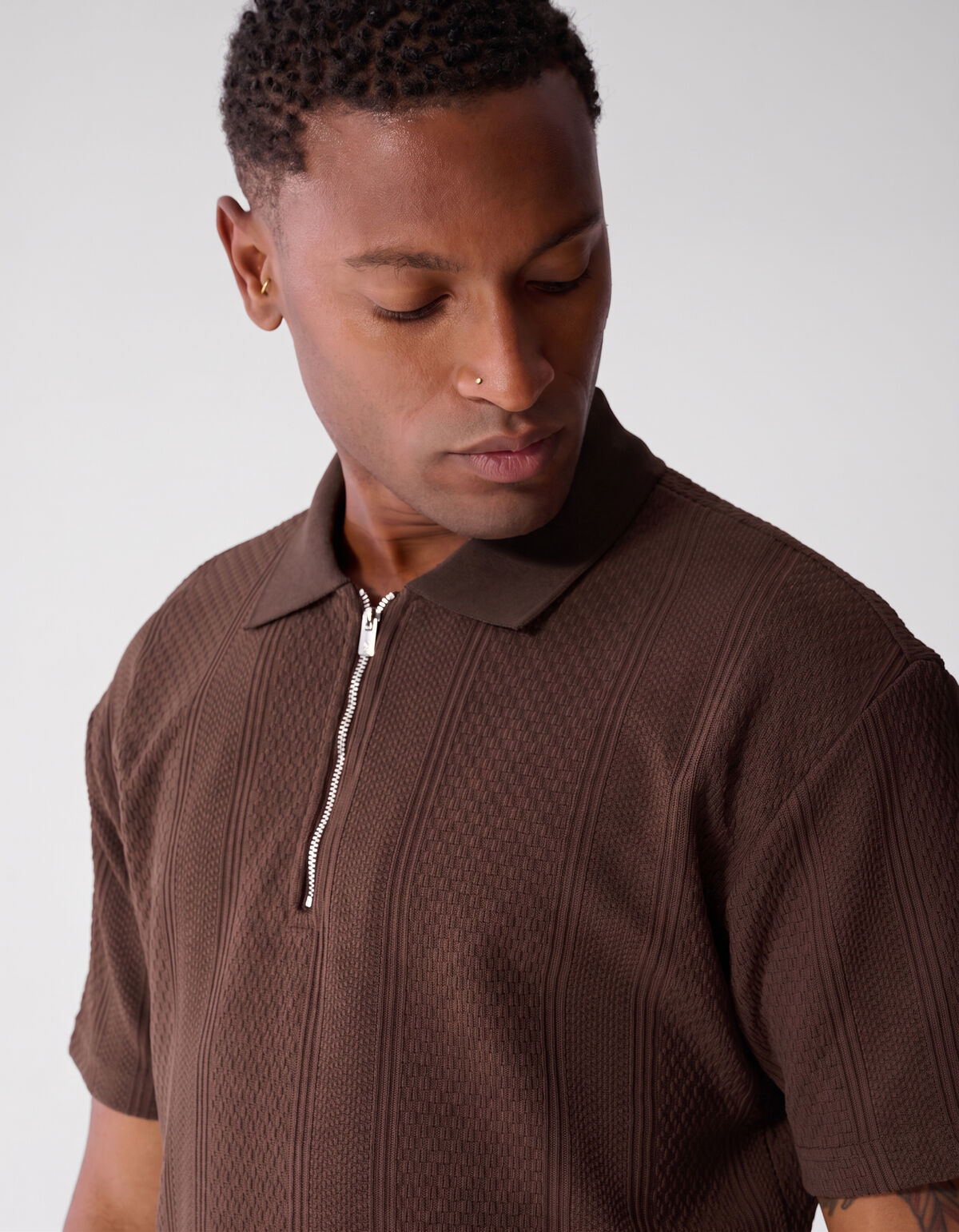 Stripe Structuur Zip Polo Donkerbruin