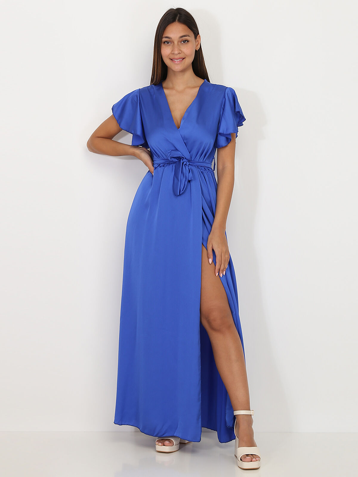 Robe longue cache cœur fendue- Bleu