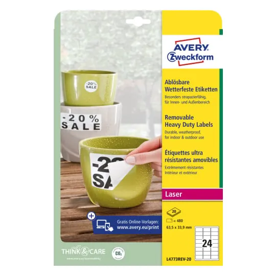 Etiketter Avery 63,5x33,9 hvid, aftagelige, holdbare - (20 ark x 24 stk.)