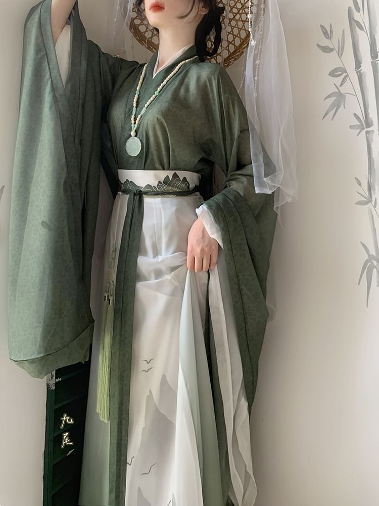 Francoix - Bloemen Hanfu Jas / Wikkeltop / Maxi Rok / Sjaal / Set