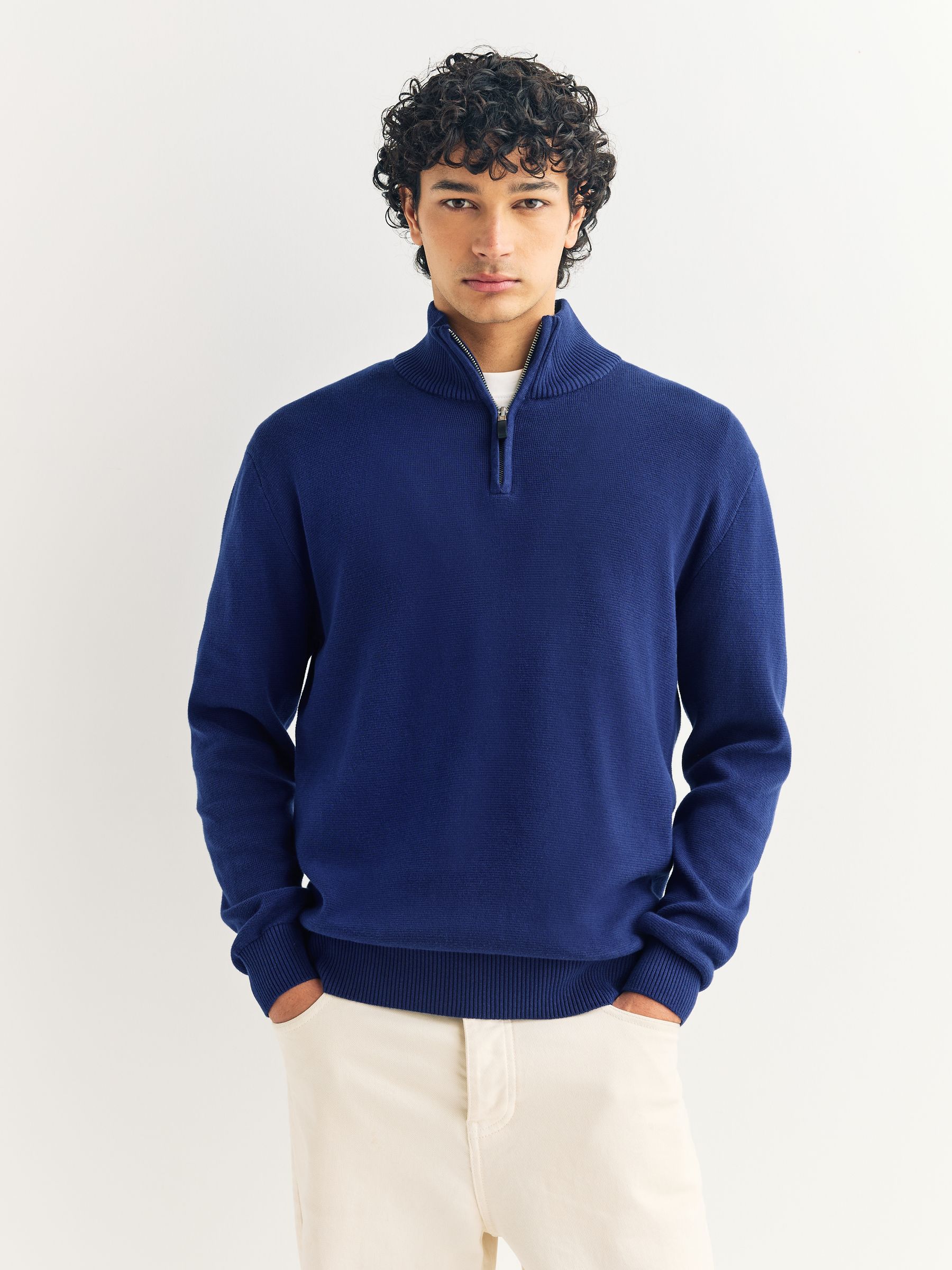 Donkerblauw - Effen - Regular fit 100% katoenen premium trui met korte rits