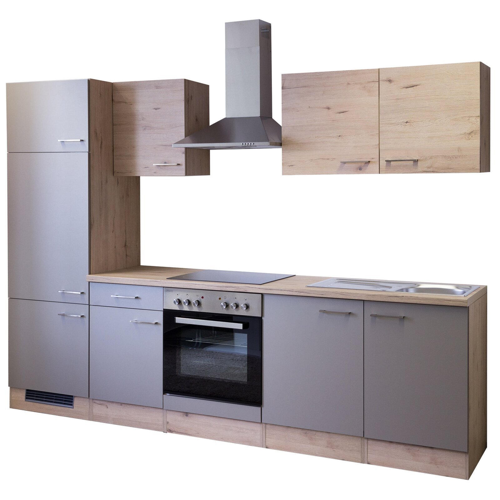 Küchenblock RIVA - Quarz Cubanit - San Remo Eiche hell - mit E-Geräten - 270 cm