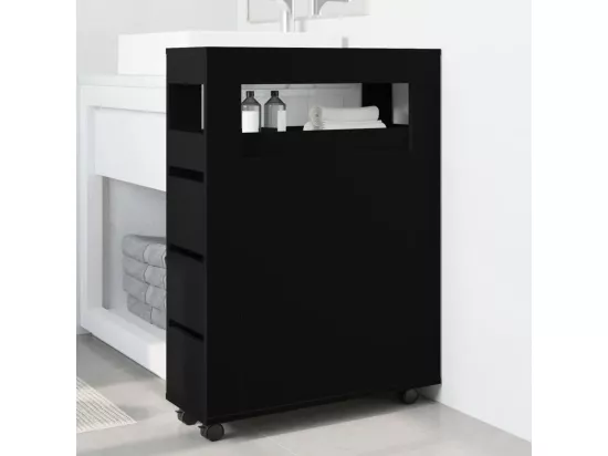 Meuble étroit de salle de bain à roulettes noir