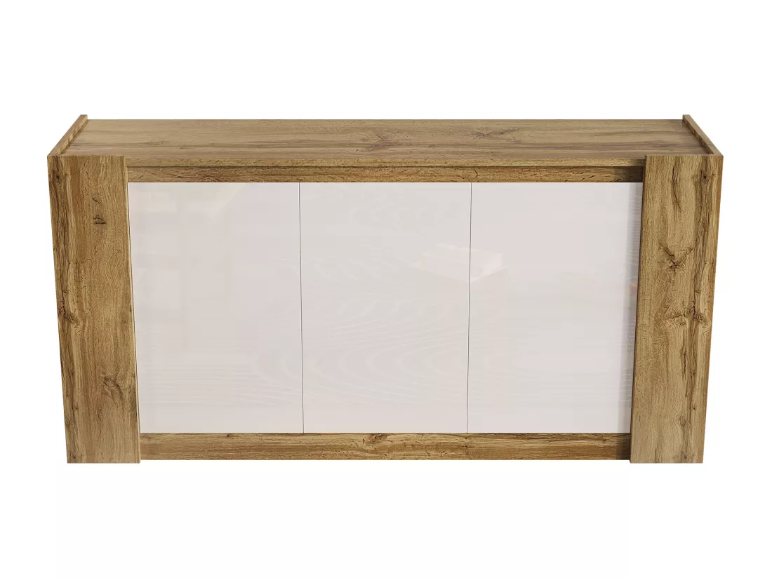 Buffet 150x40x70.5cm - 3 portes - design sans poignées - étagères réglables - blanc + naturel