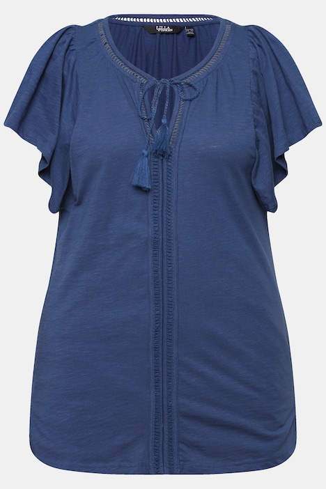 T-Shirt, Zierlitze, Tunika-Ausschnitt, Flügel-Halbarm