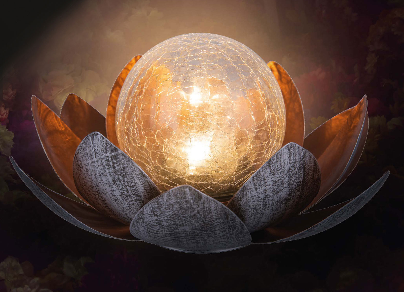 Solar-Lotusblume mit Crackleglaskugel und LED-Beleuchtung Warmweiß