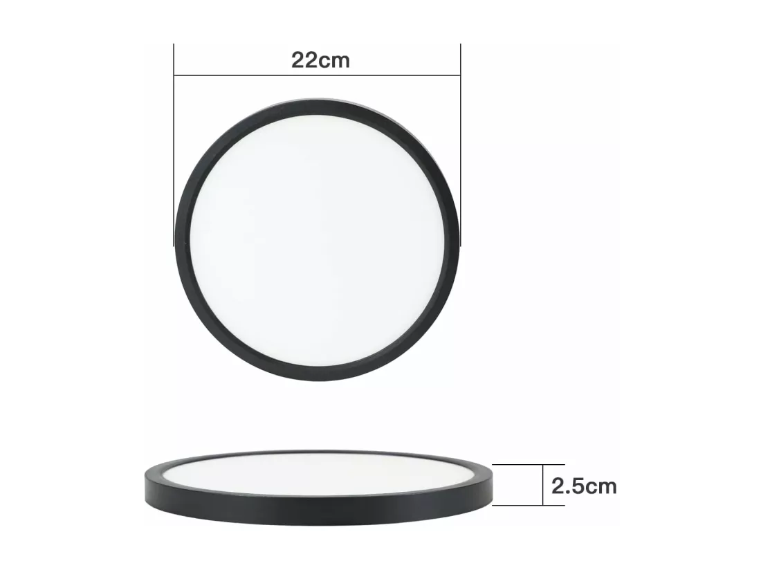 NETTLIFE Plafonnier LED plafonnier plat Ø22cm lampe salle de bain blanc froid lampe chambre noir 15W IP44