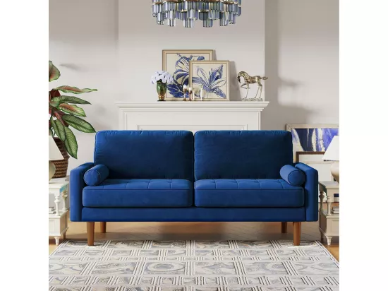 Canapé droit en Velours bleu et bois massif - 3 places - charge max 300kg - 176x78x85cm