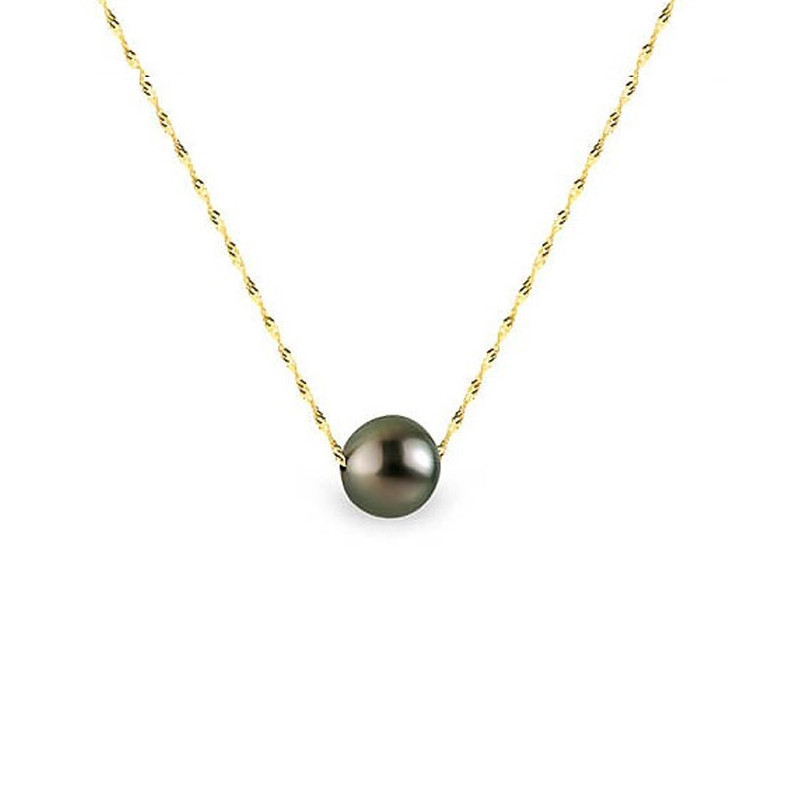 Collier Femme Ras du Cou et Chaine Singapour Or jaune 750/1000 et Perle de Culture d'eau douce de Tahiti Noire