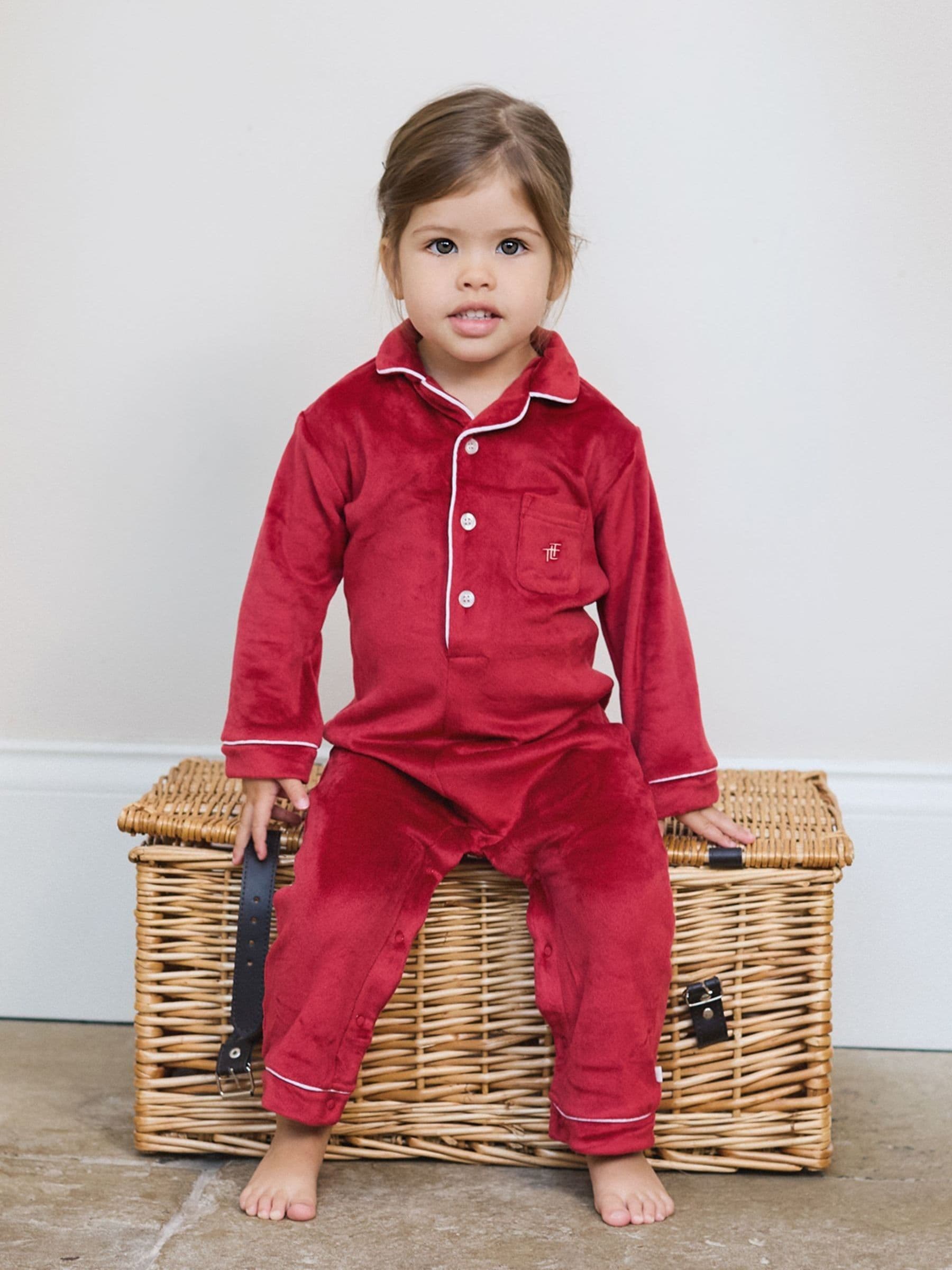 Rood - The Little Tailor luxe kerst onesie-romper van zacht velours voor baby's