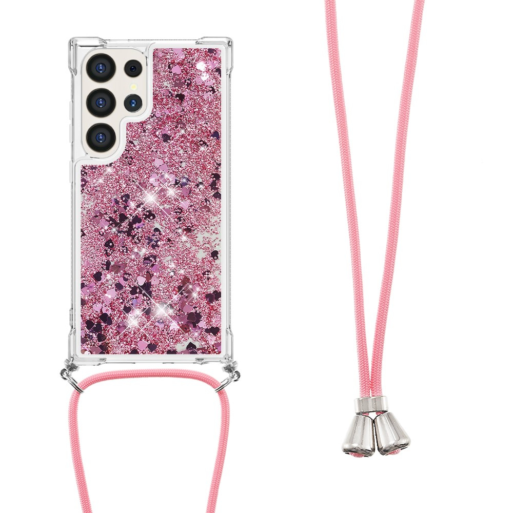 Samsung Galaxy S24 Ultra Necklace Gummi Hülle Liquid Glitzer   Handykette (130cm) - Pink / Silber