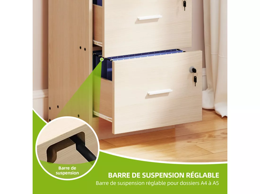 YITAHOME Caisson Bureau avec 4 tiroirs, 127,5 cm Armoire de Classement Verrouillable, Armoire pour Format A4, Couleur du bois