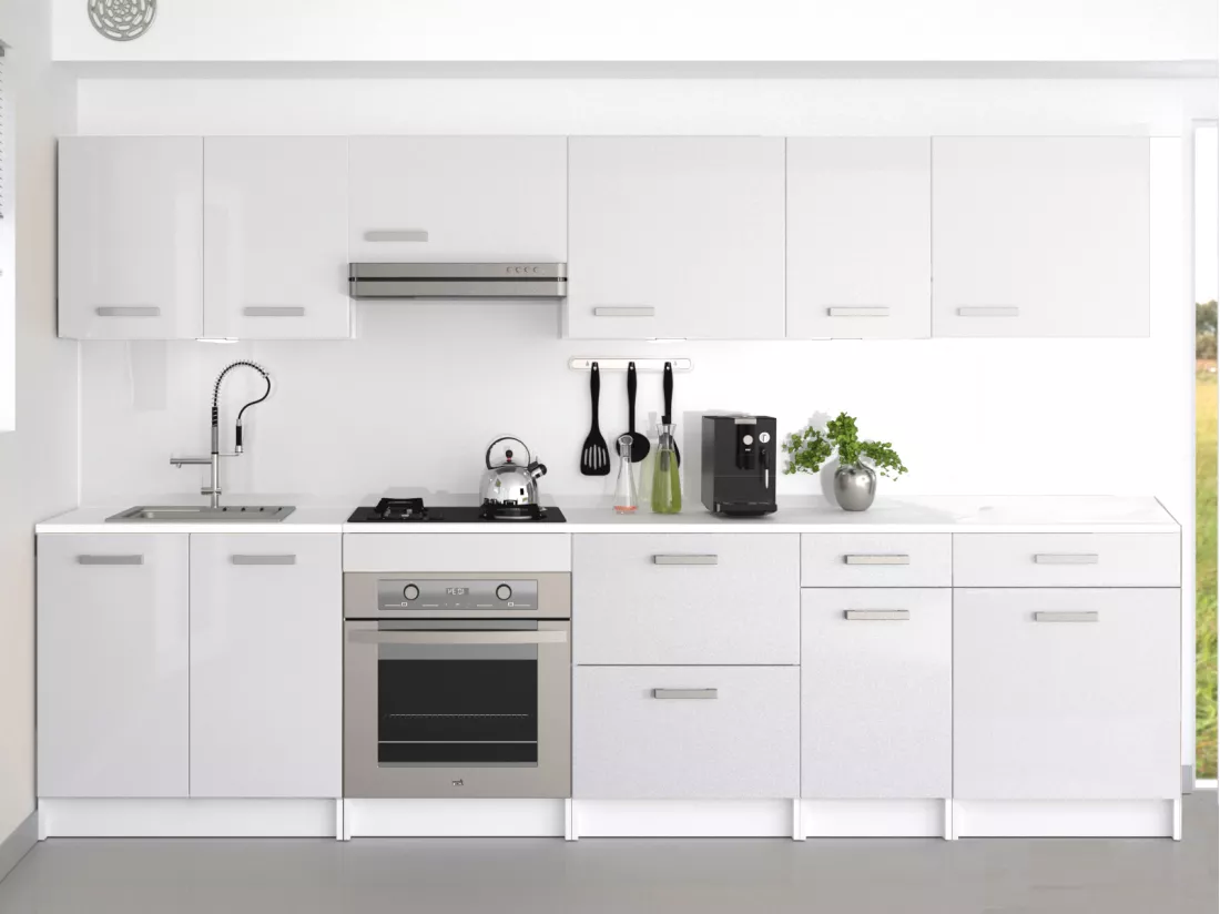Cuisine complète - Avec plan de travail 300 cm - Blanc brillant - TRATTORIA
