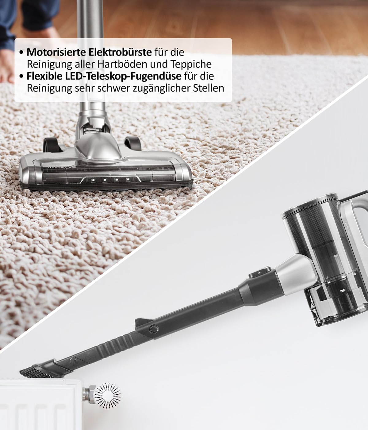 Genius Invictus X6 Ultra Akku Handstaubsauger 16 TLG, Smart Staubsauger mit Staubsensor, 450 Watt, 4 Fach HEPA Filtersystem, Akku Laufzeit bis zu 60 Min, 4 Saugmodi