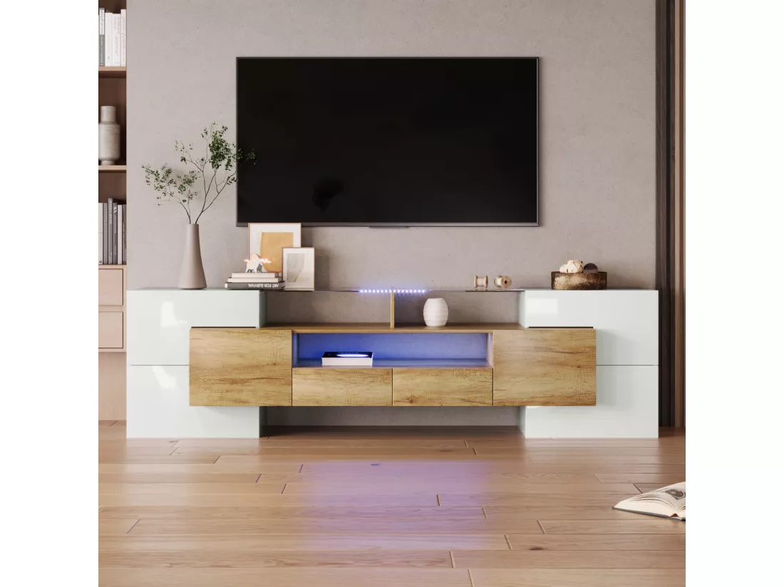 Meuble TV - 200x38x48cm LED brillant blanc et gris - finition verre - 6 portes de rangement 2 tiroirs 3 compartiments - coloris
