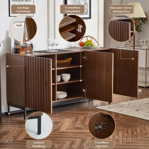 Merax Sideboard 150x40x80 cm Eiche Dunkel mit Welligem 3D-Design – Mid-Century Modern Kommode mit 3 Türen, Verstellbaren Regalen und Kippsicherung für Wohnzimmer, Esszimmer, Flur