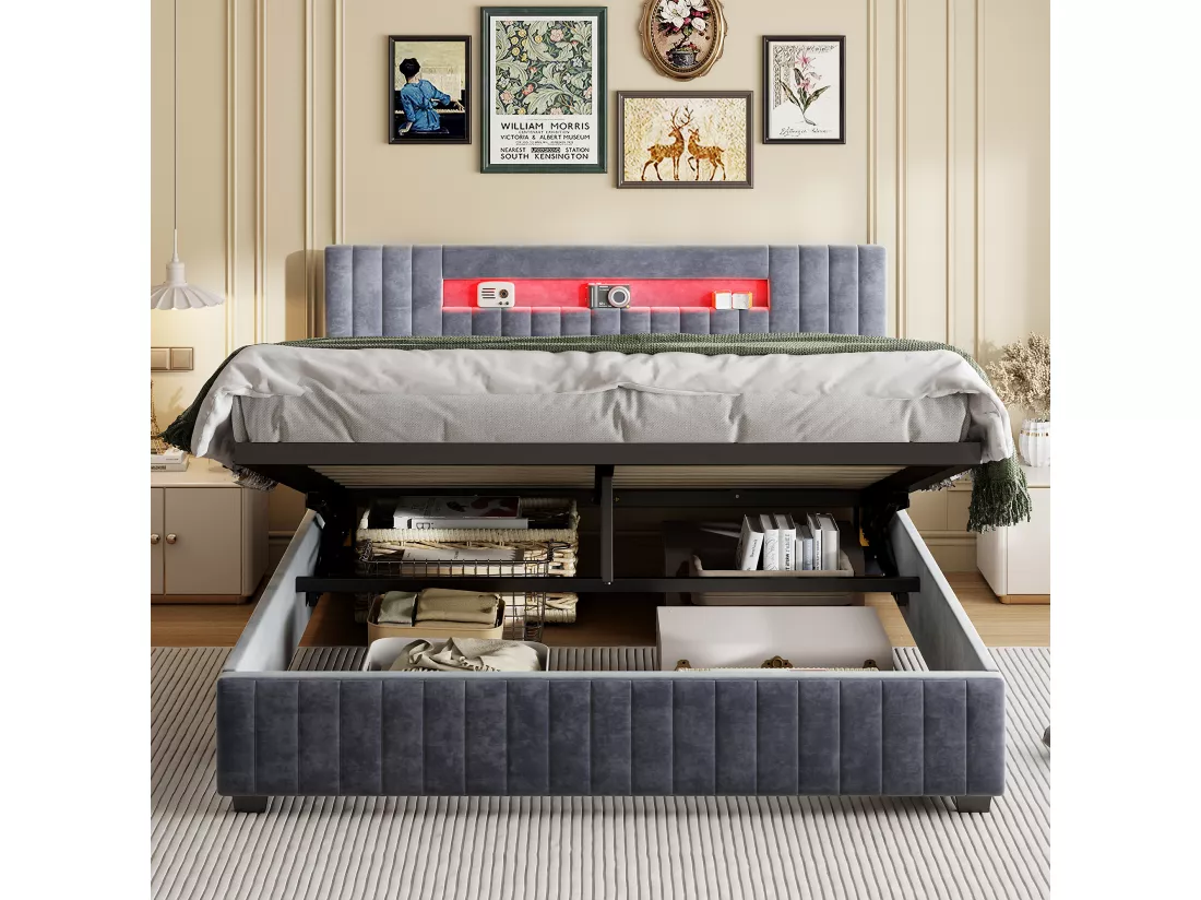 Lit coffre 140x200cm - Lit double avec sommier à lattes et tête de lit LED avec rangemet, en tissu velours gris