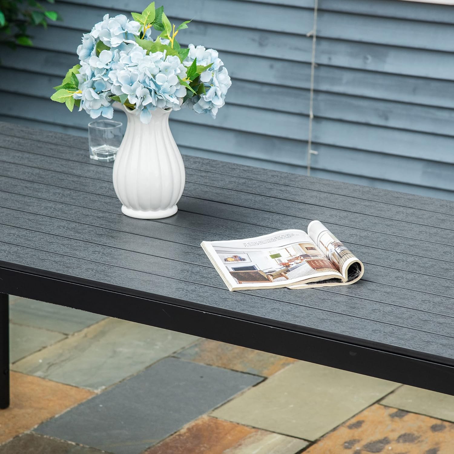 Outsunny Gartentisch, Garten Esstisch, Terrassentisch, Partytisch, Balkontisch aus Alu, Polyholz, Schwarz, 190 x 84,5 x 72 cm