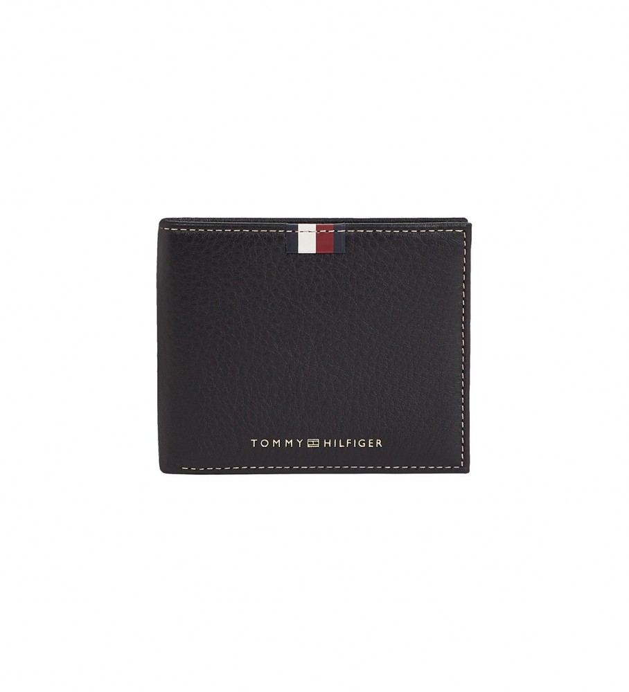 Carteira pequena de couro premium Tommy Hilfiger com alça, preta.