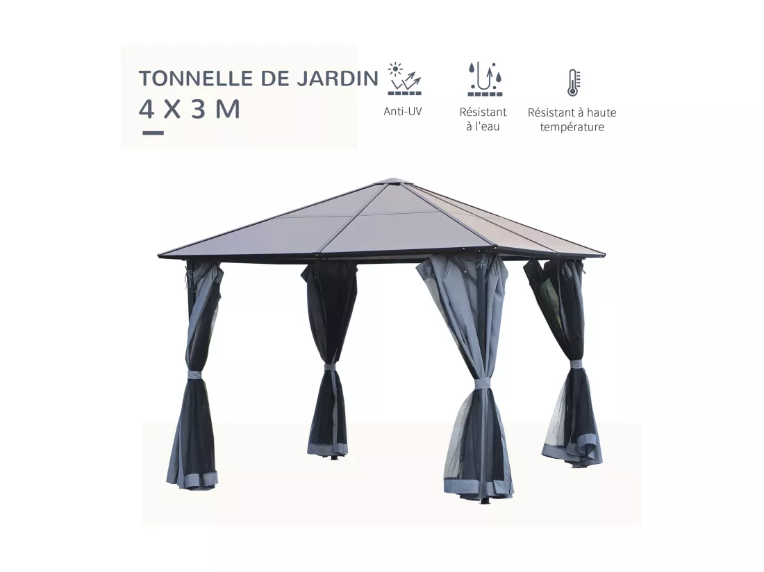 Pavillon de jardin tonnelle rigide dim. 4L x 3l x 2,65H m 4 parois latérales anti-UV gris 4 moustiquaires zippées alu. métal polycarbonate noir brun