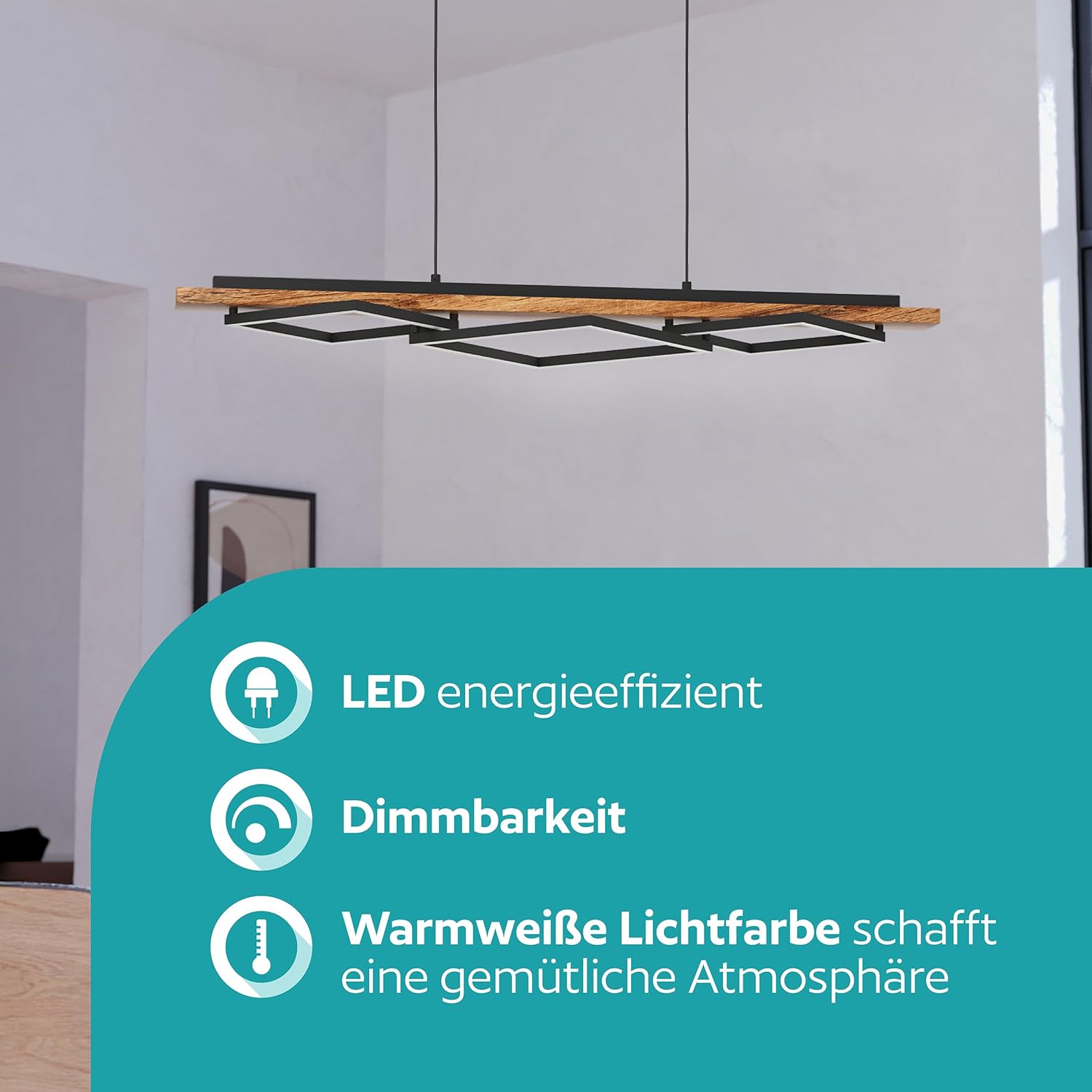 EGLO LED Hängelampe Boyal, Esstisch Pendelleuchte 3-flammig, Hängeleuchte aus rustikalem Holz und schwarzem Metall, Esstischlampe FSC zertifiziert, warmweiß
