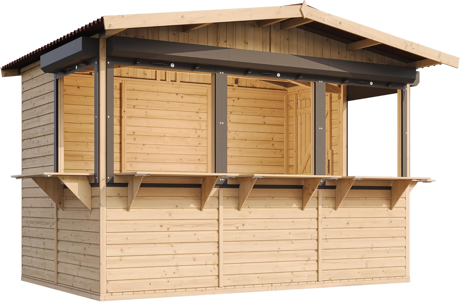TIMBELA M150BZ Holz Gartenhaus, Marktbude Holz, Qualitäts Schiffslatten Kiefern Fichte Verkaufsstand Holzhaus mit Theke 26 x336 cm/6m², große multifunktionale Garten-Bar Verkaufshütte Verkaufsstände