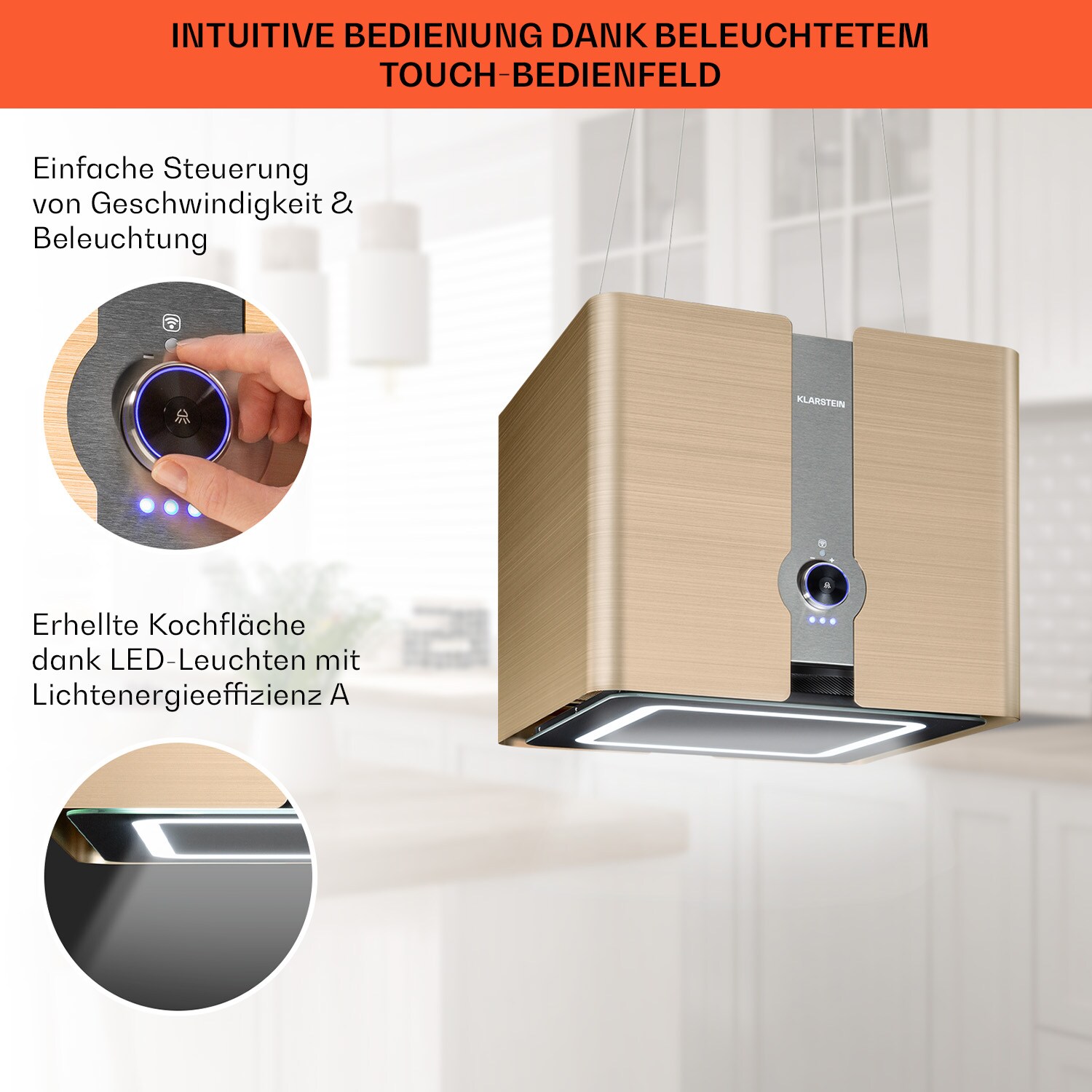 Futurelight Smart Inselabzugshaube Umluft 420m³/h LED Edelstahl Gold