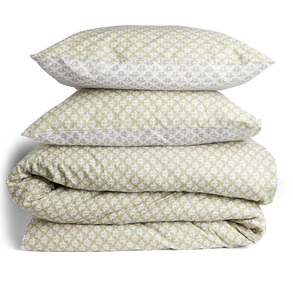 Parure de lit 2 places finition boutons coton imprimé beige et vert
