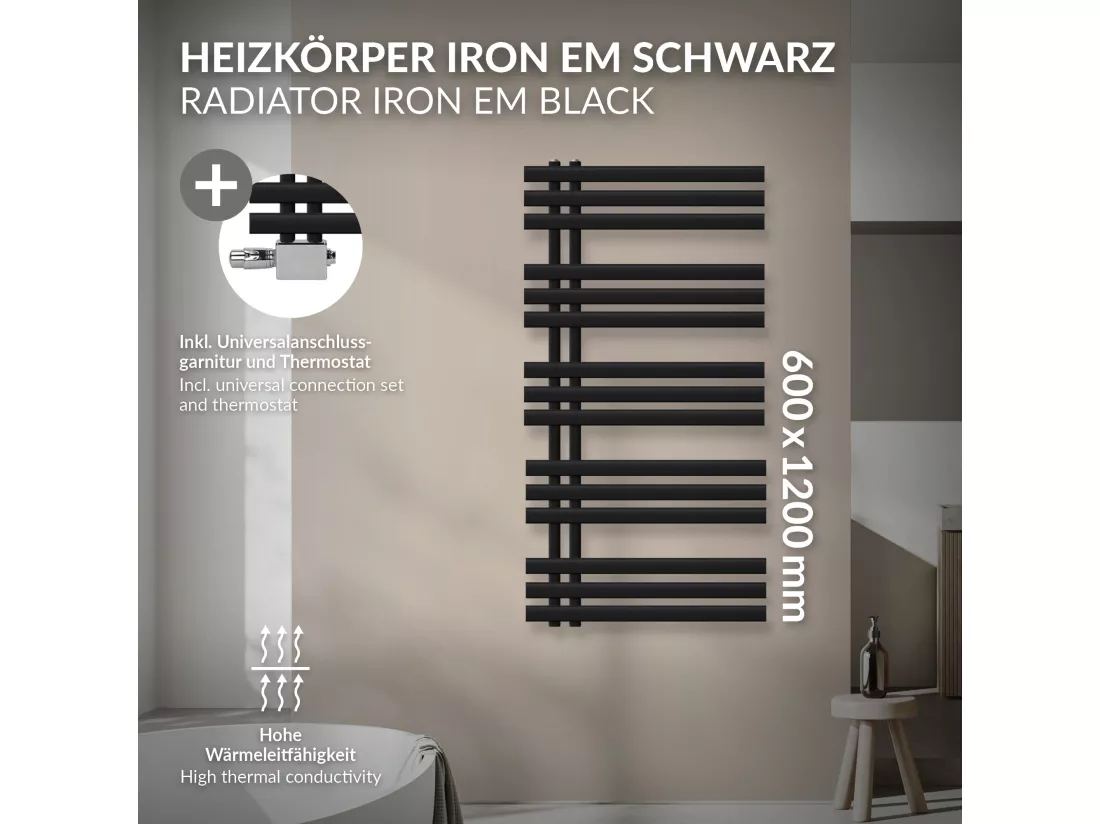 Iron EM Radiateur sèche-serviettes salle de bain en acier noir mat 600x1200 mm