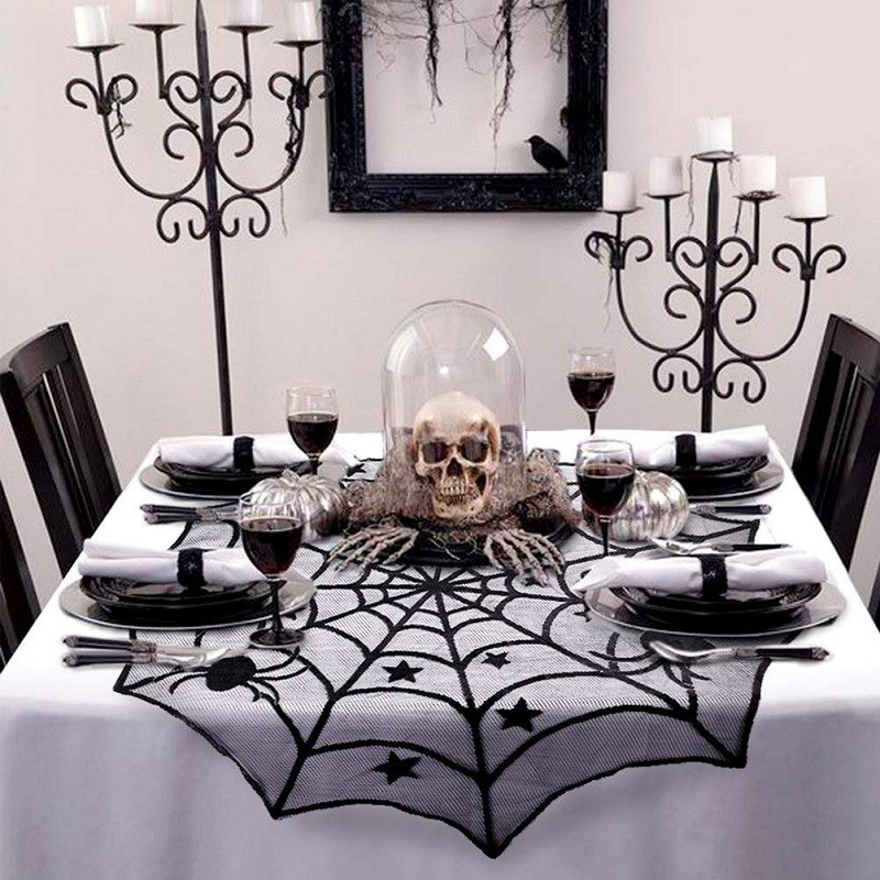 (Ø100cm) Spinnen Netz Tischläufer Halloween Party Accessoire Deko Tischtuch - Schwarz